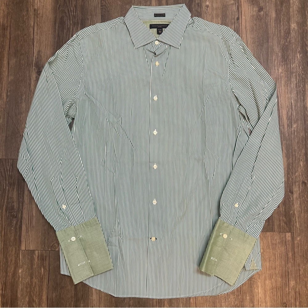 Banana Republic Casual Pinstripes Fitted White Green Button Shirt Cotton 16 - Picture 3 of 12
